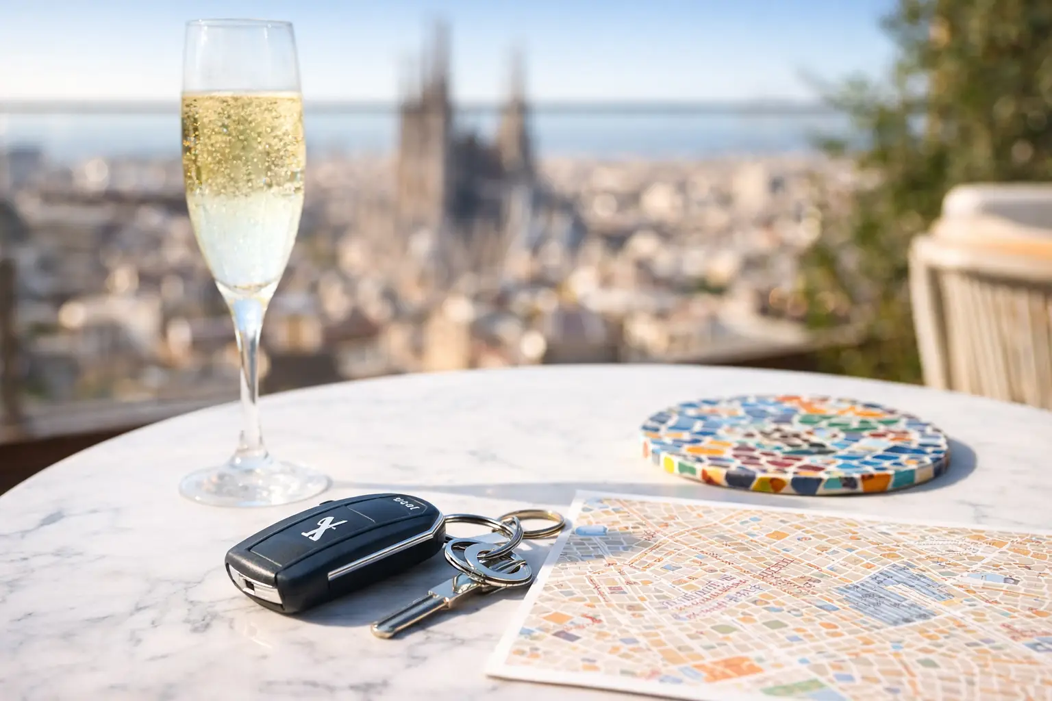 Schluessel, Karte und Reiseunterlagen fuer eine Mietwagenbuchung in Barcelona